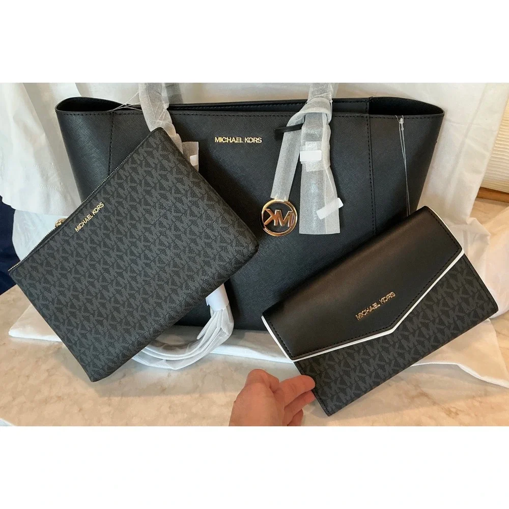 Michael Kors Charlotte LG‎ 3in1 Tote Black Leather MSRP $678 NWT